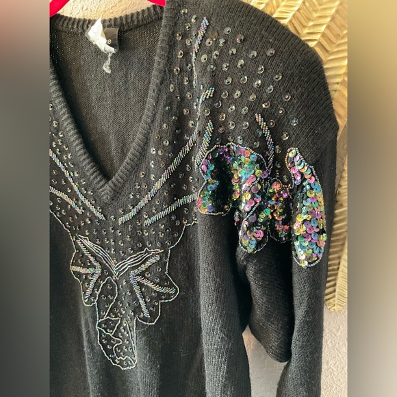 Vintage 1980s beaded sequin black sweater size 38 M/L women’s shoulder pads - Picture 3 of 12